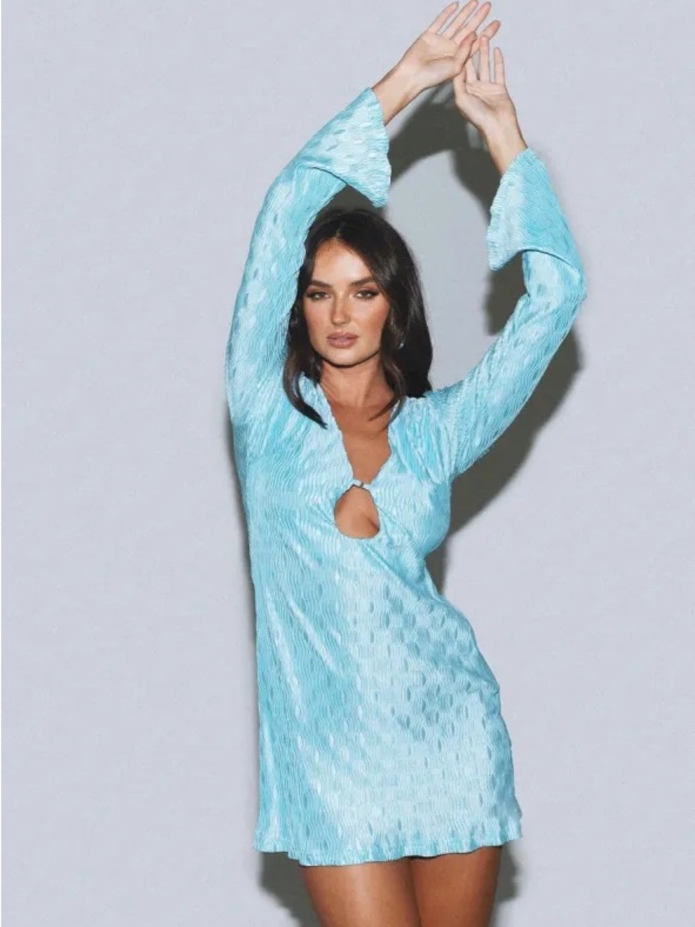Princess Polly Aqua Mini Dress with Keyhole and Bell Sleeves